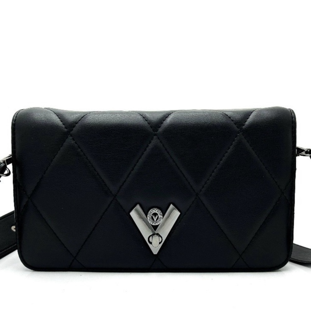 Valentino Orlandi Black Quilted Crossbody with Silver V Emblem
